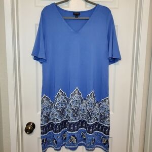J. Jill Wearever Collection Blue Paisley A-Line Dress Flutter Sleeves Sz L